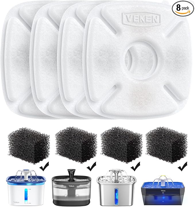 Veken Cat Water Fountain Filter, Classic 4 Pack Replacement Filters & 4 Pack by Veken