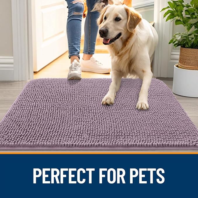 OLANLY Dog Door Mat for Muddy Paws 50x30, Absorbs Moisture and Dirt, Absorbent Non-Slip Washable Doormat, Quick Dry Chenille Mud Mat for Dogs, Entry Indoor Entryway Carpet for Inside Floor, Deep Plum