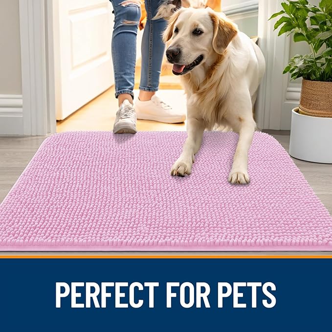 OLANLY Dog Door Mat for Muddy Paws 54x24, Absorbs Moisture and Dirt, Absorbent Non-Slip Washable Doormat, Quick Dry Chenille Mud Mat for Dogs, Entry Indoor Entryway Carpet for Inside Floor, Pink