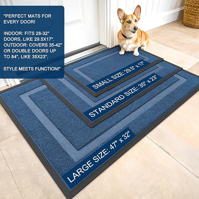 OLANLY Front Door Mat Indoor Outdoor Entrance, Waterproof All-Season, All-Weather Doormat, Sturdy Natural Rubber, Fade Resistant, Low Profile, Easy Clean Patio Porch Entryway Mat, 33x21, Light Blue