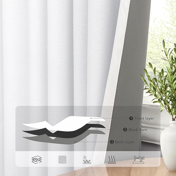 Small Blackout Curtains 45 Inches Long 2 Panels Short Linen Look Heat Blocking Drapes 46 Inch Window Decor for Kitchen Bedroom Bathroom Thermal Insulated White Black Out Curtains 52x45 Length Back Tab