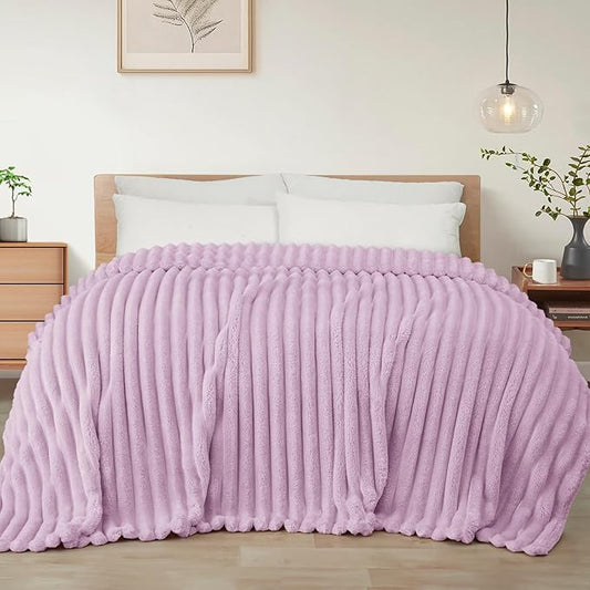 Exclusivo Mezcla King Size Flannel Fleece Blanket, Super Soft Striped Jacquard Bed Blanket, Lightweight Fuzzy Cozy for All Seasons, 90x104 Inches, Lilac Purple