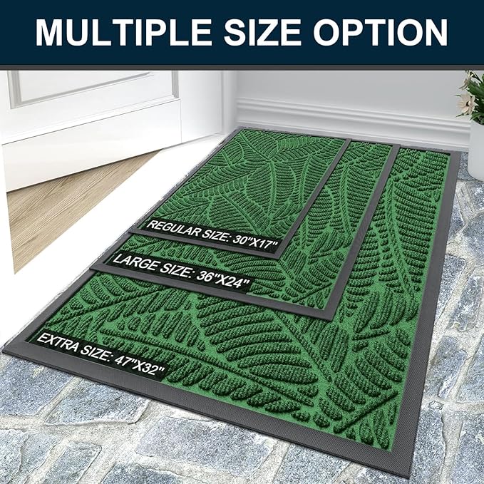 Colorxy Waterproof Doormat, Sturdy Natural Rubber Front Indoor Mat, Non Slip Low Profile Indoor Outdoor Door Mats, Stain and Fade Resistant Floor Mat, Easy Clean Patio Entrance Mat, 48''x32'', Green