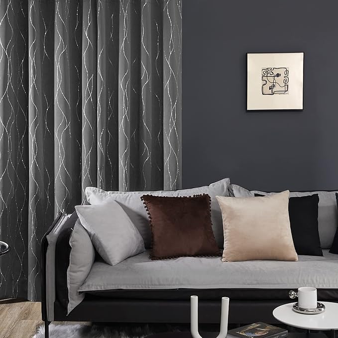 Deconovo Kitchen Curtains, Short Blackout Drapes 52 x 54 Inch, Thermal Insulated Soundproof Grommet Drape, Silver Wave Dots Foil Print Curtain for Small Windows, Living Room, Light Grey, Set of 2