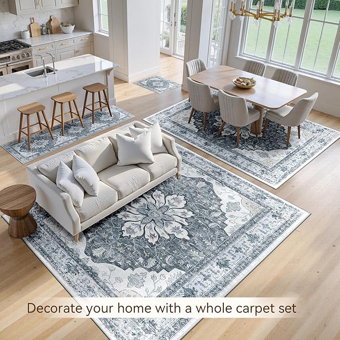 Area Rugs 2'x6' Runner Rug Non Slip Washable for Kitchen Hallway Bedroom Beside Laundry Room Bathroom Rug, Floor Carpet, Light Gray Grey White