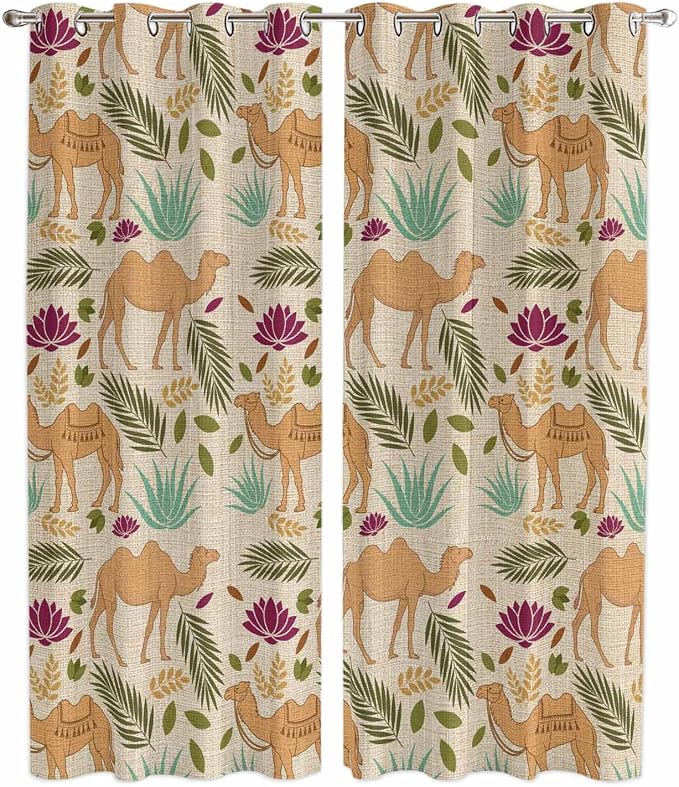 2 Panel Kitchen Cafe Curtains, Desert Camels Sunlight Filtering Nature Air by Hokiten