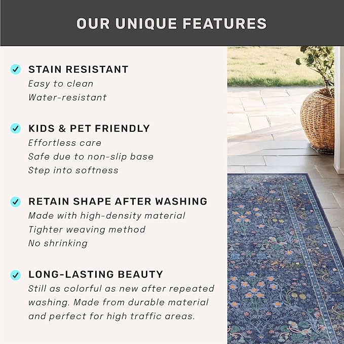 Non Slip 2x7 Dark Blue Runner Washable - Stain Resistant Long Runner Rugs for Kitchen, Entryway, Hallway, Bathroom, Bedroom Bedside - Dusky Navy Vintage Floral Décor