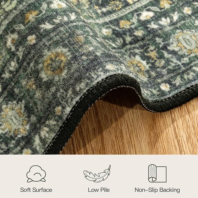 Lofus 2x10 Area Rug for Hallways,Green Washable Runner Rugs with Non Slip Rubber Backing, Low Pile Soft Carpet Runner for Kitchen Bathroom Bedroom Laundry