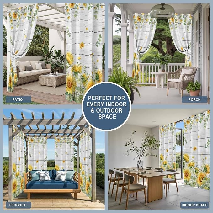 Sunflowers Outdoor Curtains for Patio Summer Floral Eucalyptus Leaf Wood Plank - Image 8