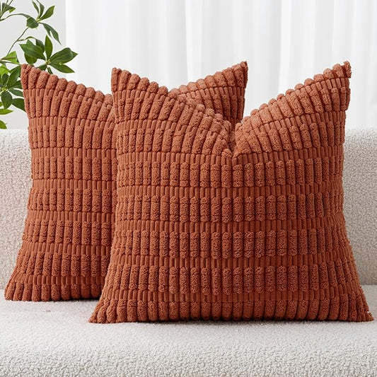 MIULEE Pack of 2 Rust Corduroy Decorative Pillow Covers 20x20 Inch Soft Boho Striped Throw Pillow Covers Modern Farmhouse Home Decor for Summer Sofa Living Room Couch Bed