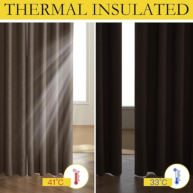 NICETOWN Coffee Vintage Linen 100% Blackout Curtains for Living Room, Thermal Insulated Curtains 90" Long, Noise Reducing Window Treatment Drapes for Home Cinema, 52" Wide Per Panel, Set of 2