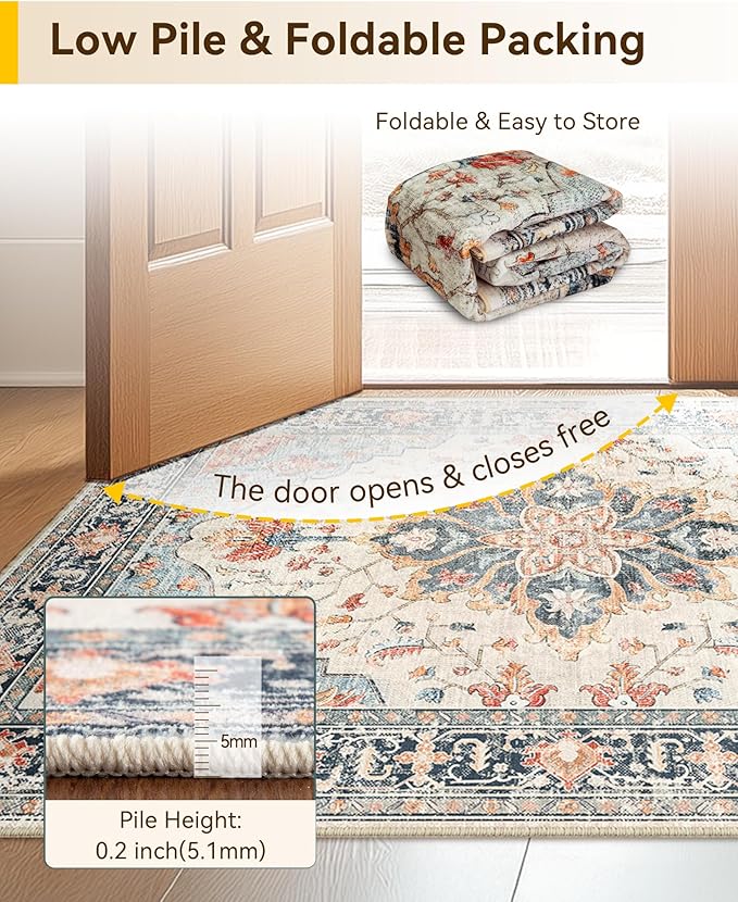 Area Rugs 2'x8' Runner Rug Non Slip Washable for Kitchen Hallway Bedroom Beside Laundry Room Bathroom Rug, Floor Carpet, Beige Navy Blue Orange Colorful