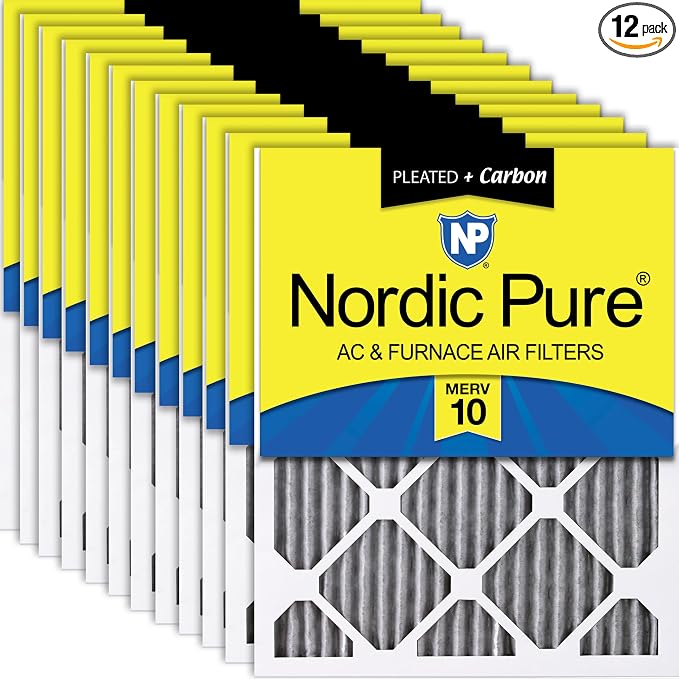 Nordic Pure 20x25x1 Pleated MERV 10 Plus Carbon Air Filters 12 Pack | Actual by NordicPure