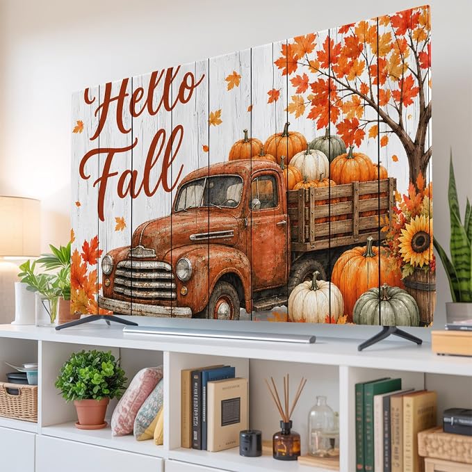 Hello Fall Words Brown Truck Indoor TV Cover, Elastic TV Screen Protector Maple - Image 6