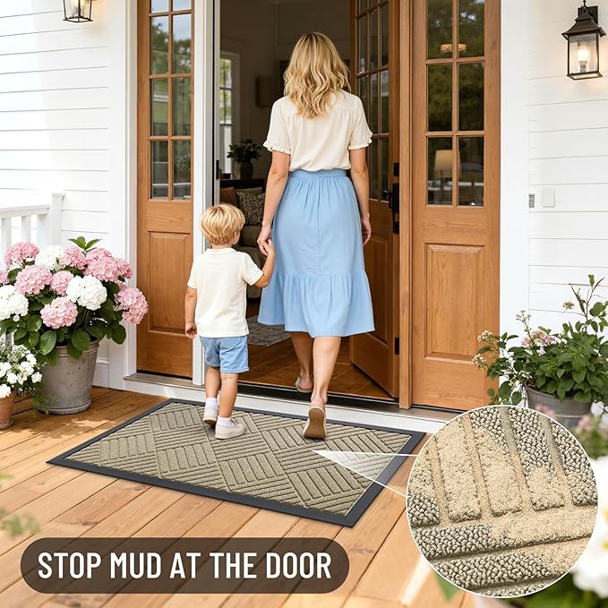 OLANLY Front Door Mat Outside Entrance 59x23, Absorbent, Heavy Duty Sturdy Natural Rubber Doormat Indoor Outdoor, Stain and Fade Resistant, Non-Slip Low Profile Floor Mat for Entryway, Beige Diamond