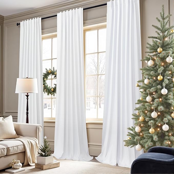 White Blackout Curtains 96 Inches Long 2 Panel Burg for Bedroom Thermal Insulated Total Black Out Boho Extra Wide Window Drape for Living Room Thick Linen Textured Soundproof Back Tab 8ft 52x96 Length