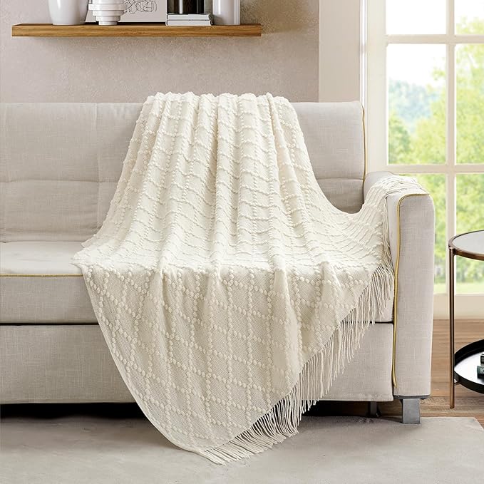 BOURINA White Throw Blanket 50 x70 Inches Jacquard Argyle Throw Textured Solid Soft Throws and Blankets for Sofa or Bed Knitted Decorative Blanket