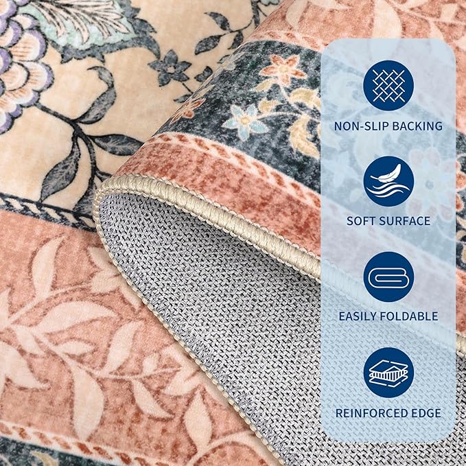 GarveeHome Terracotta Teal 2x6 Washable Kitchen Runner Rugs Non Slip Provence Botanical Grove Vintage Boho Cottage Long Rug for Hallways Bedroom TPE Rubber Backing