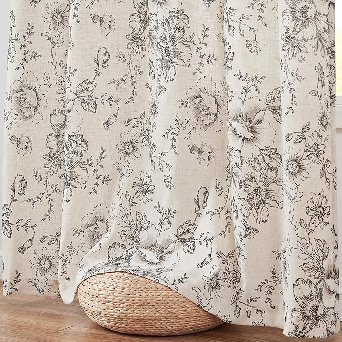 jinchan Lined Linen Blend Curtain Floral Curtains for Living Room 90 Inches Long Black Peony Flower Printed Curtain Back Tab Farmhouse Patterned Drapes Bedroom Window Curtains Set 2 Panels