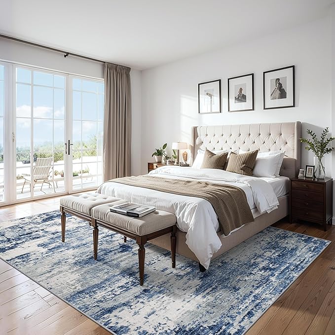 8x10 Area Rugs for Living Room - Washable Rug Modern Abstract Soft Large Neutral Non-Slip Carpet Indoor Floor Thin Carpets for Bedroom Dining Room Farmhouse Nursery Home Office Blue Gray