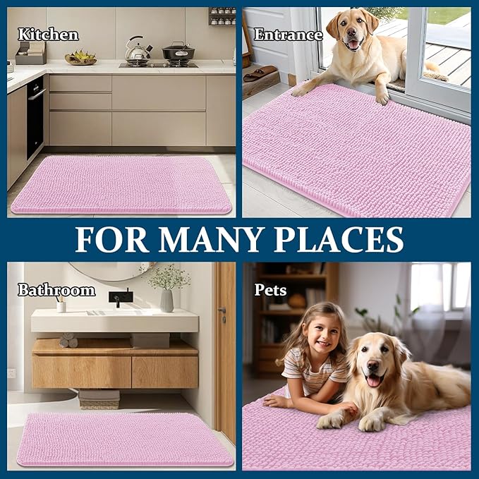 OLANLY Dog Door Mat for Muddy Paws 59x32, Absorbs Moisture and Dirt, Absorbent Non-Slip Washable Doormat, Quick Dry Chenille Mud Mat for Dogs, Entry Indoor Entryway Carpet for Inside Floor, Pink