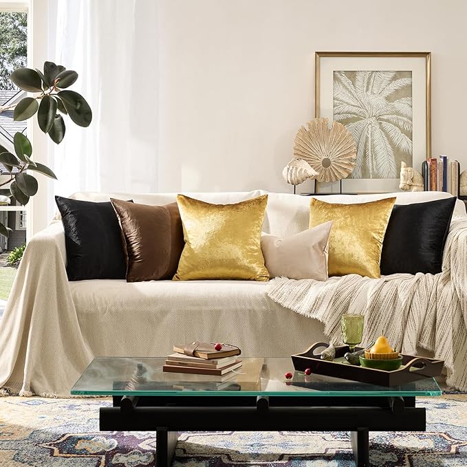 GIGIZAZA Gold Velvet Decorative 20x20 Throw Pillow Covers for Sofa Bed 2 Pack Soft Cushion Cover