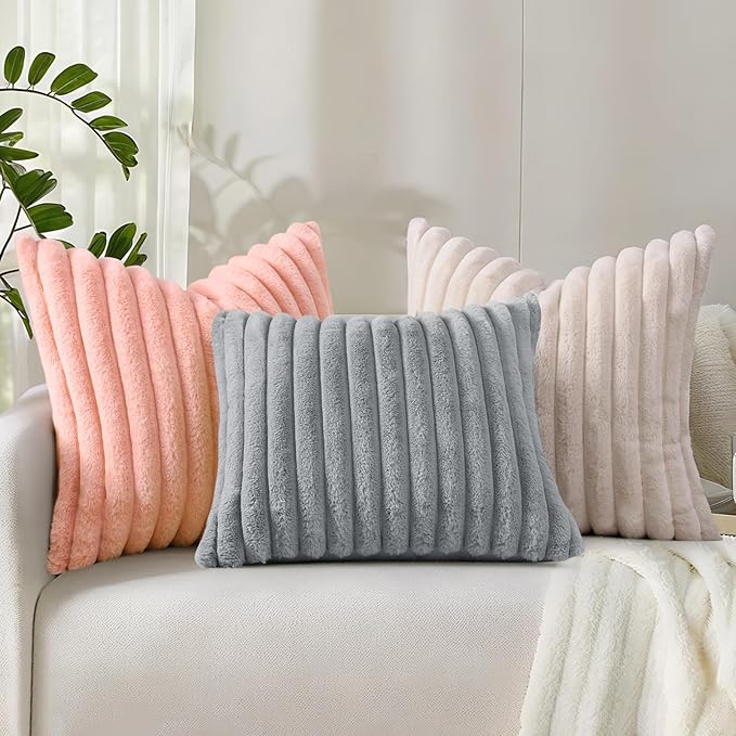 decorUhome Summer Cozy Faux Fur Throw Pillow Covers 12x20 Set of 2 Decorative Plush Striped Lumbar Modern Farmhouse Boho Couch Pillow Cases with Velvet Back for Sofa Bed Living Room, Blush Pink