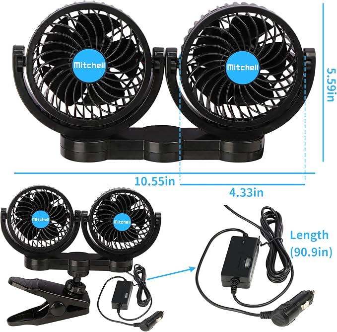 Alagoo 12V Car Fan, Adjustable 4 Inches Dual Head Car Clip Fan - Image 6