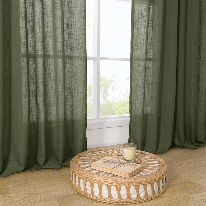 LAMIT Light Filtering Linen Curtains 78 inch for Bedroom, Linen Textured Semi Sheer Back Tab and Rod Pocket Boho Modern Christmas Decor Drapes for Living Room, Olive Green, 2 Panels, 52 x 78 Inch