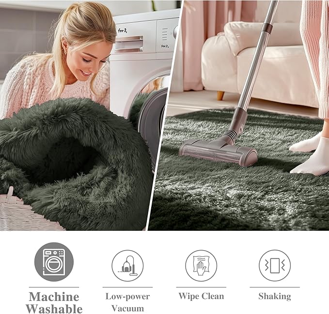 OLANLY Olive Green Round Rugs for Bedroom - Machine Washable, 6 ft Circle Area Rugs for Living Room, Soft and Fluffy Shaggy Carpet for Teen Girl and Boys, Nursery Rooms, Dorms, Home Decor Aesthetic