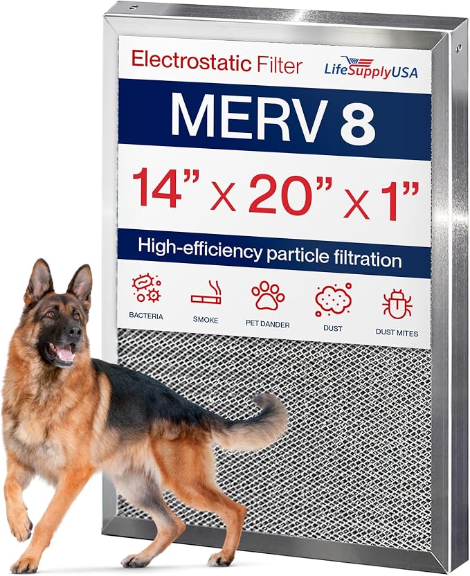 14x20x1 Electrostatic Air Filter, MERV 8, Reusable Furnace AC/HVAC Filter by LifeSupplyUSA
