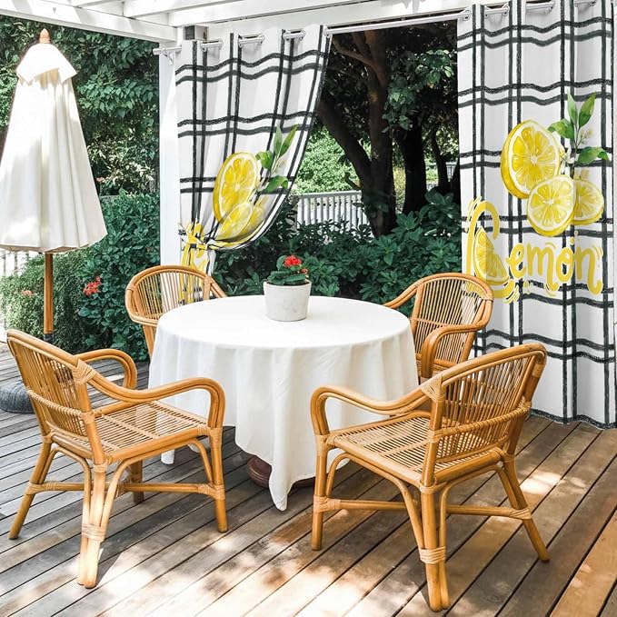 Lemon Outdoor Curtains for Patio Lemon Leaves Summer Plaid Buffalo Waterproof - Image 4