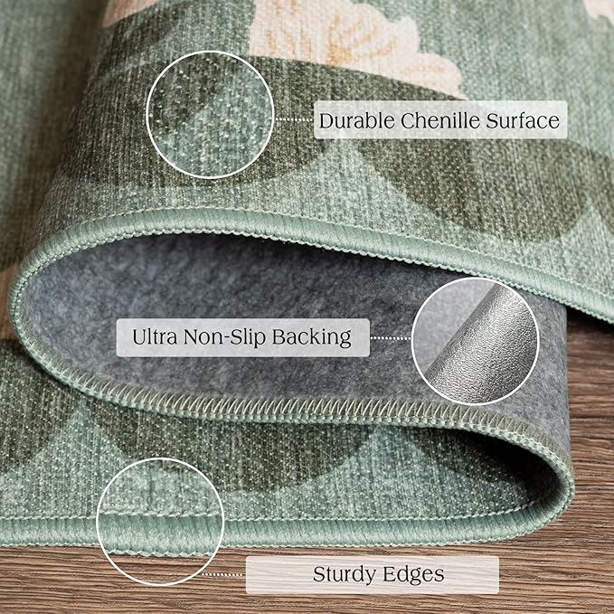 Floral Outdoor Rug - 28" x 43" Front Door Mat Indoor Outside Entrance Non-Slip Washable Outdoor Mat Sage Green Spring Scalloped Rug for Entryway Kitchen Bedroom Layered Doormat for Front Porch
