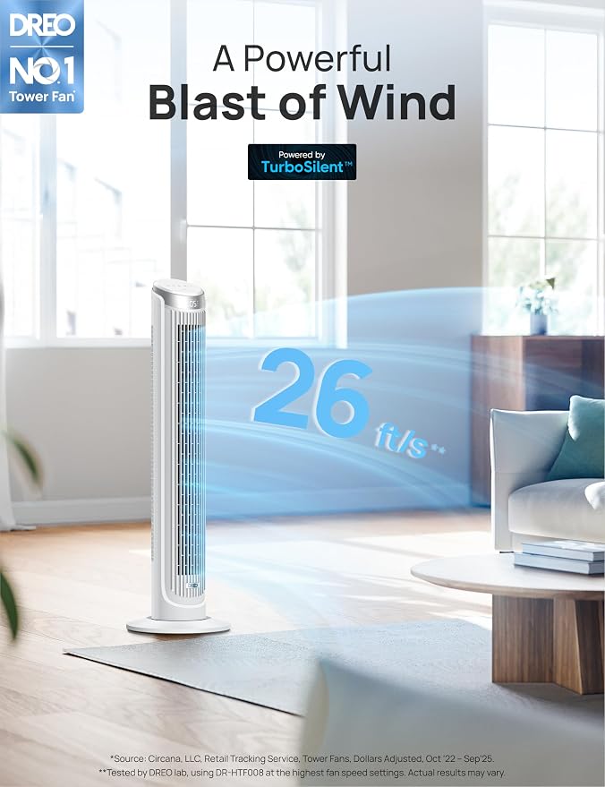 DREO Tower Fan for Bedroom, 90° Oscillating Fans that Blow Cold Air | 26 ft/s - Image 2