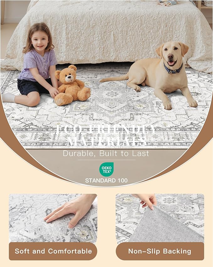 Madane Runner Rug 2x8, Washable Hallway Runner Rugs, Non-Slip Low-Pile Soft Kitchen Rug Runner Laundry Room Rug, Vintage Throw Entry Foyer Mat for Entrance Living Room (Grey, 2 x 8)
