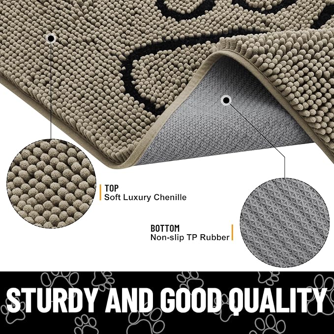 Smiry Dog Door Mat for Muddy Paws, Absorbent Dirt Trapper Non Slip Quick Dry Washable Chenille Mat for Mud Dogs, Entry Rug for Indoor and Outdoor (30x20 Inches, Warm Taupe and Black)