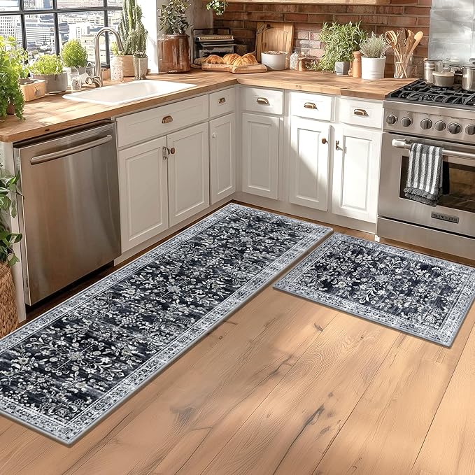 Yamaziot Washable Runner Rug 2x6 – Non Slip Boho Floral Hallway Runner Rug with Rubber Backing,Low Pile Faux Wool Distressed Carpet for Kitchen, Laundry, Bedroom, Entrance, Navy/Black