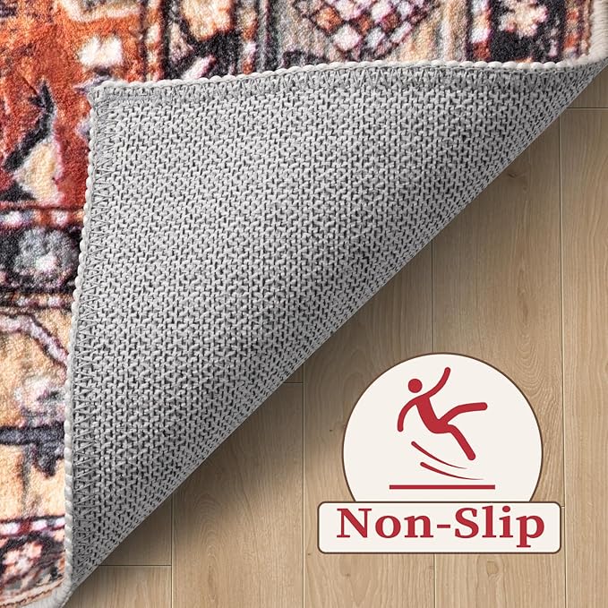 SERISSA Washable Rugs 9x12 Area Rugs, Large Non-Slip Boho Living Room Rug, Ultra Soft Vintage Print Distressed Oriental Tribal Farmhouse Carpet for Dining Room Bedroom Dorm Office Home Decor