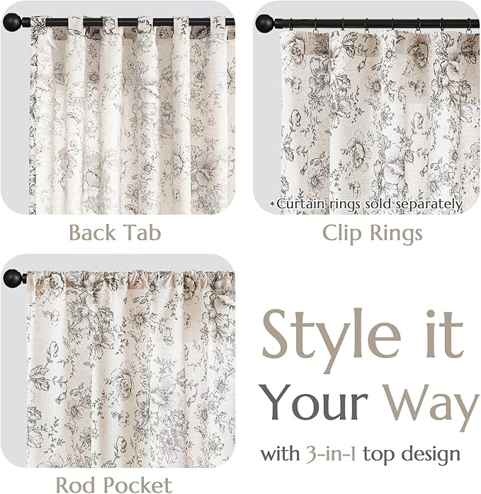 jinchan Linen Blend Curtain Floral Curtains for Living Room 90 Inch Length Black Printed Curtain Rod Pocket Back Tab Farmhouse Peony Flower Patterned Drapes Bedroom Window Curtains Set 2 Panels