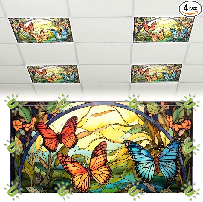 Glooglitter 4 Pcs Butterfly Fluorescent Light Covers 4 x 2 ft Stained Glass by Glooglitter