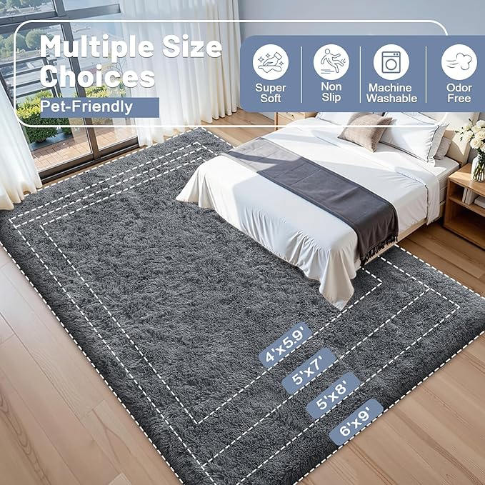 OLANLY 3x4 Machine Washable Accent Rug, Soft Fluffy Shaggy Area Rug for Bedroom, Living Room, Indoor Floor Carpet for Kids, Nursery, Home Decor, Grey