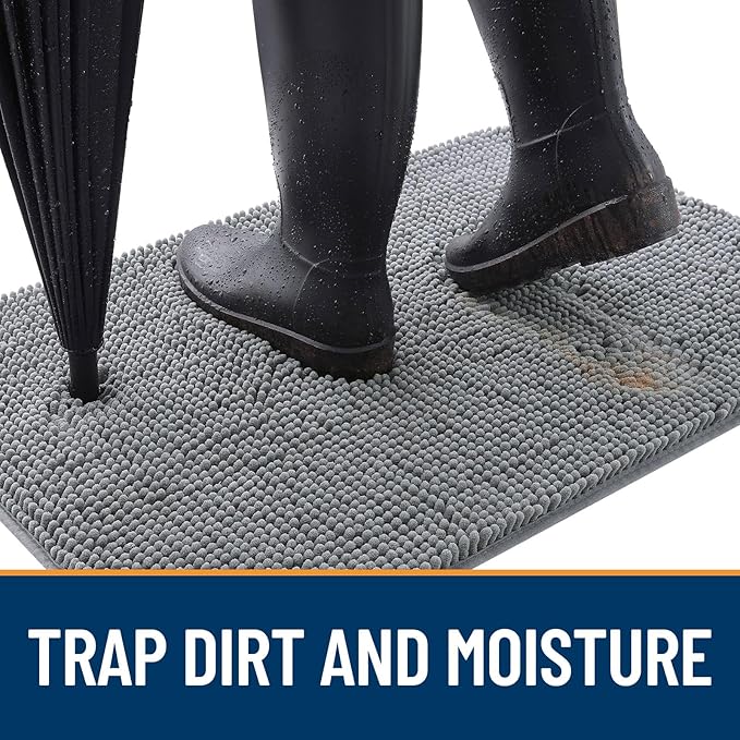 OLANLY Dog Door Mat for Muddy Paws 70x35, Absorbs Moisture and Dirt, Absorbent Non-Slip Washable Doormat, Quick Dry Chenille Mud Mat for Dogs, Entry Indoor Entryway Carpet for Inside Floor, Grey
