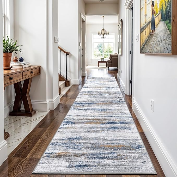 3x18 Washable Hallway Runner Rug: Extra Long Runners for Entryway Living Room Dining Room - Stain and Water Resistant Rugs with Non-Slip Backing - Soft Low-Pile Carpet 18ft Navy Grey