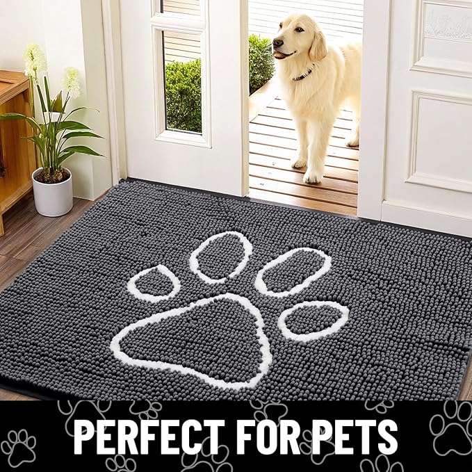 Smiry Dog Door Mat for Muddy Paws, Absorbent Dirt Trapper Non Slip Quick Dry Washable Chenille Mat for Mud Dogs, Entry Rug for Indoor and Outdoor (48x30 Inches, Dark Grey and White)