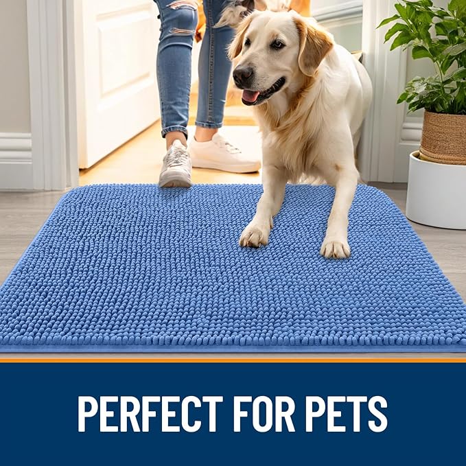 OLANLY Dog Door Mat for Muddy Paws 59x20, Absorbs Moisture and Dirt, Absorbent Non-Slip Washable Doormat, Quick Dry Chenille Mud Mat, Entry Indoor Entryway Carpet for Inside Floor, Cornflower Blue
