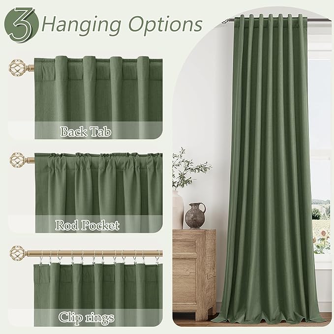 Guken Olive Green 100% Blackout Curtains 108 Inch Length 2 Panels Set for Living Room Bedroom Back Tab Thermal Insulated Black Out Linen Drapes Room Darkening Window Curtains 52x108