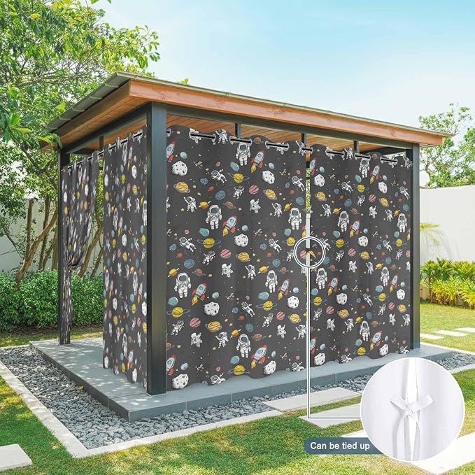 Cartoon Space Outdoor Curtains for Patio Rockets Planets Astronauts Gray - Image 7