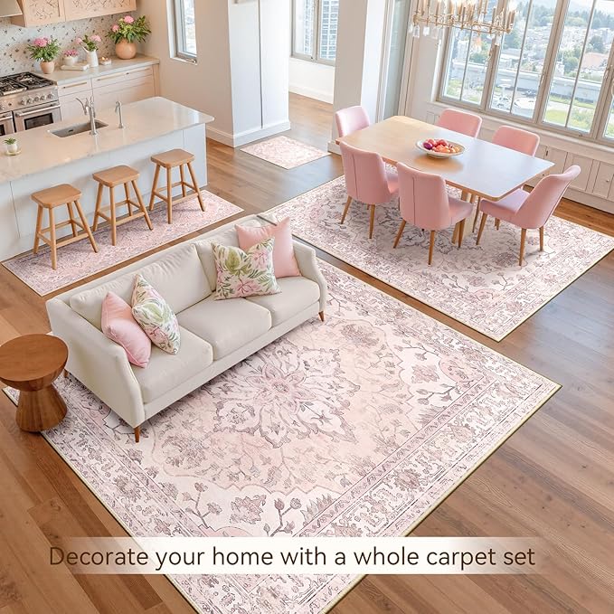 RELEANY Area Rugs 5'x8' Washable Non-Slip, Floral Vintage Distress Print Pattern Medallion Carpet for Living Room Bedroom Dining Room, Pink Greypink Cute