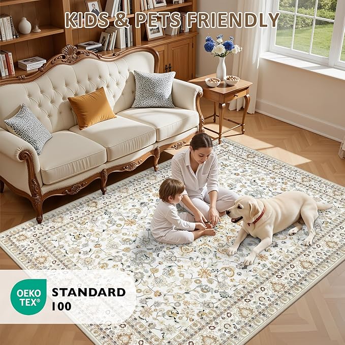8x10 Area Rugs for Living Room: Washable Rug Soft Vintage Boho Carpet Indoor Floor Non-Slip Stain Resistant Floral Large Carpets for Bedroom Dining Room Farmhouse Nursery Home Office Beige