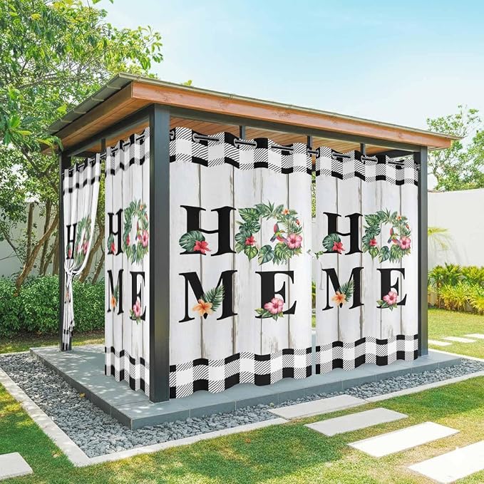 Summer Outdoor Curtains for Patio Leaves Garland Plumeria Wood Buffalo Plaid by Unknown